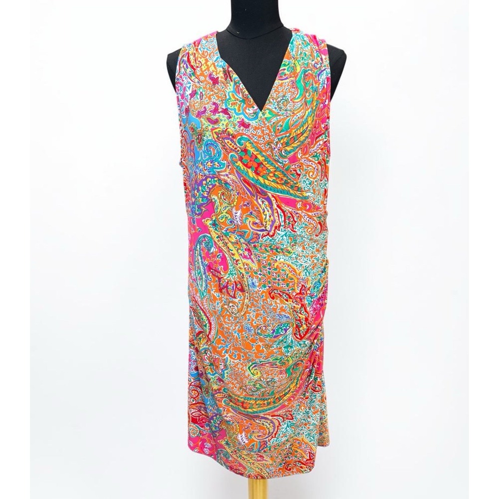 Lauren Ralph Lauren 2X Paisley Faux Wrap Dress Colorful Resort Boho Stretch